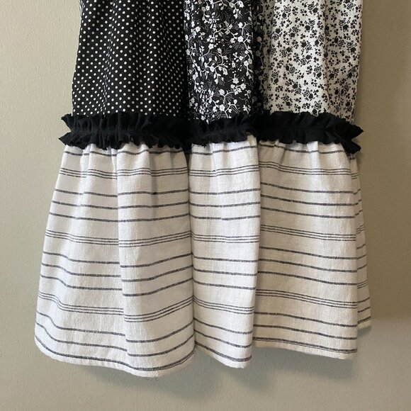 Handmade Children's Cotton Linen Black White Mixed Pattern Tie Strap Dress - Picture 6 of 13